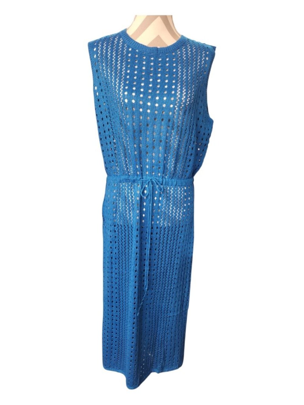 Crochet Knit Beach Cover Up Midi Dress Blue Open Knit Sleeveless Boho NWT XL - Picture 3 of 16